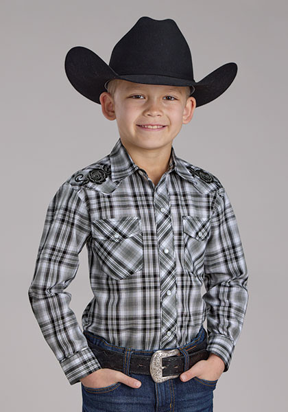 Boy's Western Shirt ~ GREY/BLACK/WHITE PLAID