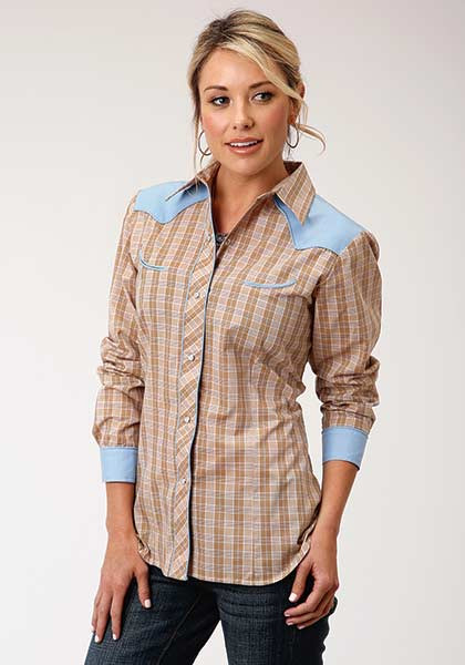 Roper Womens Western Shirt ~ TAN, WHITE, & BLUE PLAID