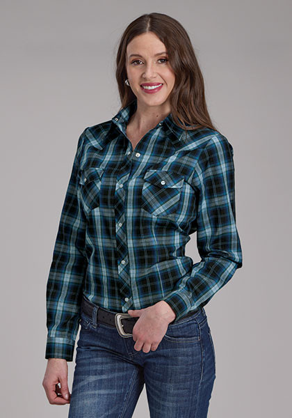 Womens Roper Western Shirt ~MULIT BLUE WINDOWPANE PLAID