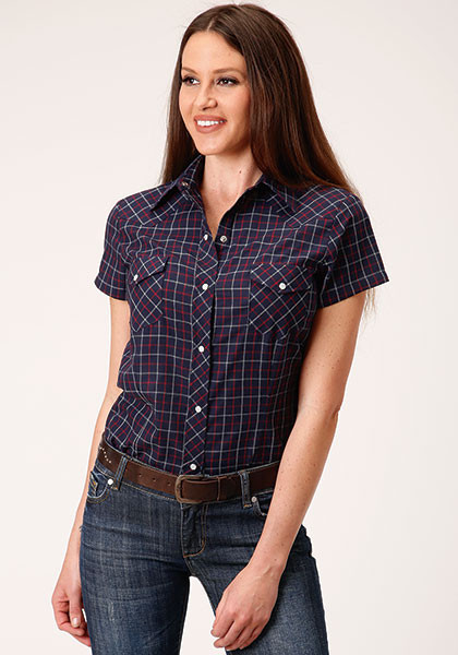 Womens Short-Sleeve Cowgirl Shirt ~NAVY, RED