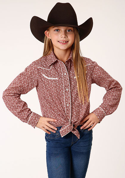Girl's Western Shirt ~ CREAM & RED FLORAL PRINT,