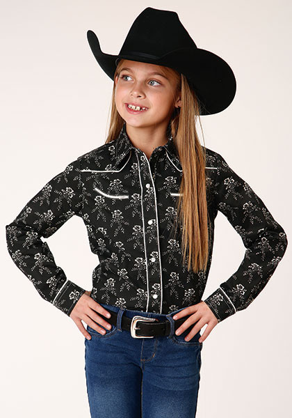 Girl's Western Shirt ~ BLACK & CREAM FLORAL PRINT,
