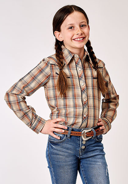 Girls Roper Western Shirt ~ BROWN PLAID, 