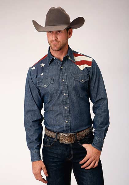 Mens Embroidered Western Shirt ~ DENIM W/STARS & STRIPES