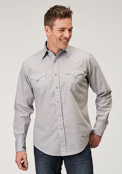 Long Sleeve Pearl Snap Men's Western Shirt ~ SOLID POPLIN - GREY
