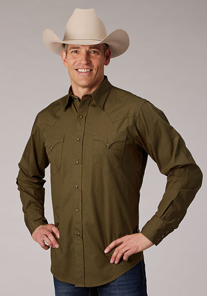 Long Sleeve Pearl Snap Men's Western Shirt ~.SOLID POPLIN - COCOA