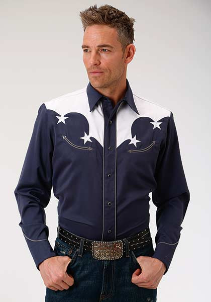 Embroidered Old West Smile Pockets Shirt ~ Navy Old West Stars