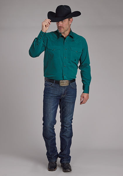 Long Sleeve Pearl Snap Men's Western Shirt ~ BLACK FILL SOLID POPLIN - TEAL