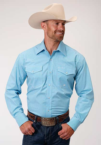 Mens Long Sleeve Western Shirt ~ MINI CHECK - TURQUOISE