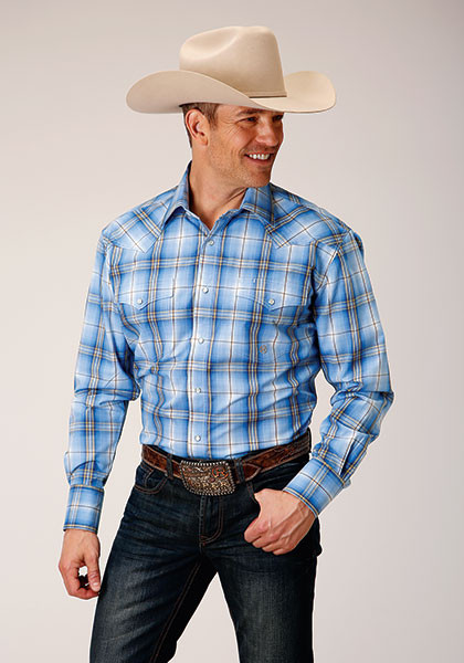 Mens Long Sleeve Western Shirt ~ CORNFLOWER PLAID