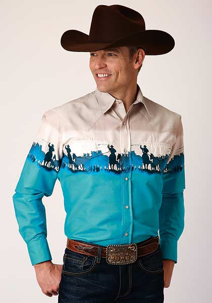 Mens Long Sleeve Western Shirt ~ ROPERING BORDER