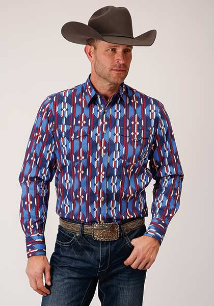 Mens Long Sleeve Western Shirt ~ Vintage Style Vertical Aztec