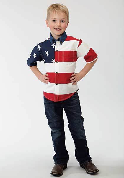 Boy's Short-Sleeve Western Shirt ~ STARS & STRIPES AMERICAN FLAG