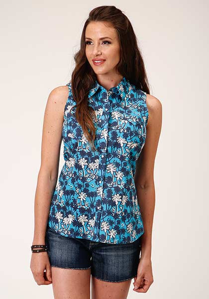 Womens Sleeveless Cowgirl Shirt ~BEACH HORSESHOES