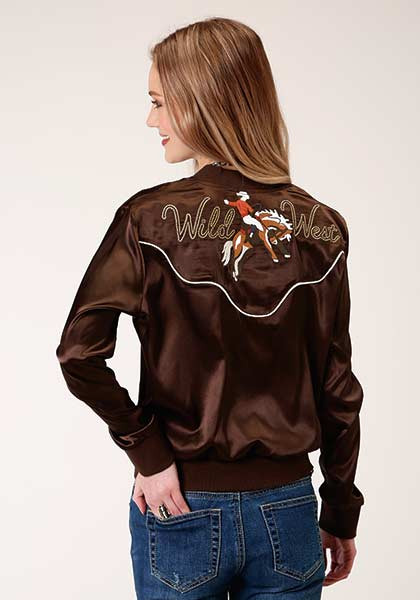Womens Cowgirl Western Jacket ~ Brown Satin Bomber