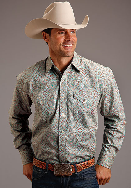 Mens Long Sleeve Stetson Western Shirt ~ AQUA PAISLEY