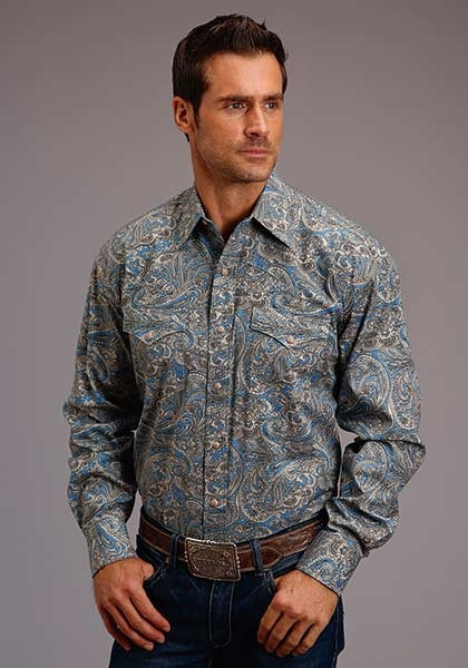 Mens Long Sleeve Stetson Western Shirt ~ BLUE SADDLE PAISLEY