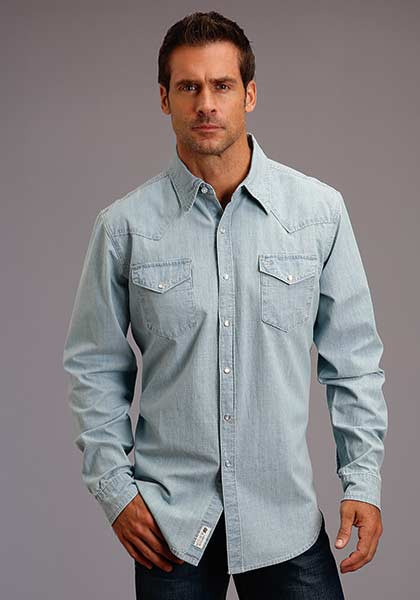  Mens Long Sleeve Western Shirt ~ LT BLUE DENIM