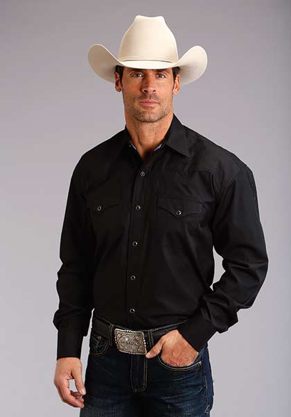 Mens Long Sleeve Stetson Western Shirt ~ SOLID PEACHED POPLIN - BLACK
