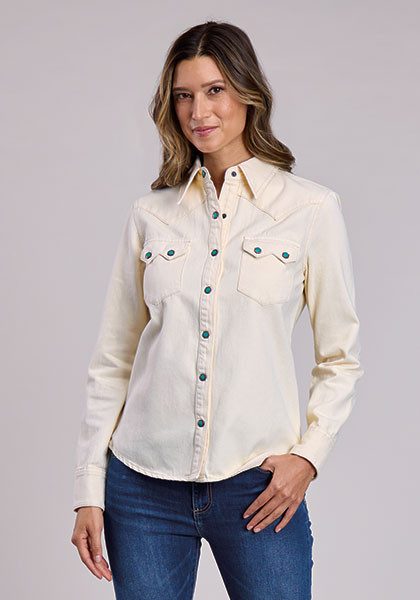 Womens Western Shirt ~. CREAM DENIM SHIRT, 3 PT BK YK