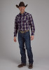 Pearl Snap Mens Western Shirt ~ NAVY, CREAM & RED PLAID