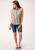 Womens Sleeveless  Cowgirl Shirt ~BROWN, BLUE & WHITE PLAID