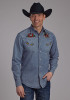 Embroidered Old West  Mens Western Shirt ~ MEN'S DENIM MED WASH EMBROIDERED SHIRT