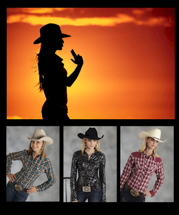 Multiple cowgirls wearing cowgirl shirts and dresses with boots