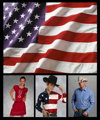 man and women and boy wearing matching western american flag shirts